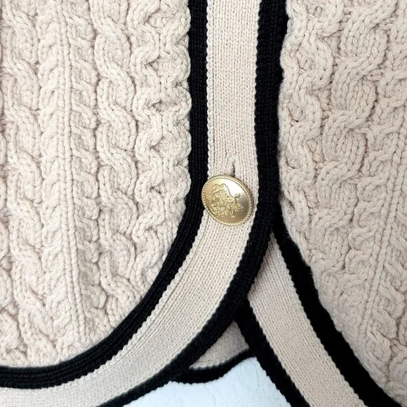 J. Crew Cropped Cable-knit Sweater - Classic Cardigan -Size Large tan black - Picture 5 of 15
